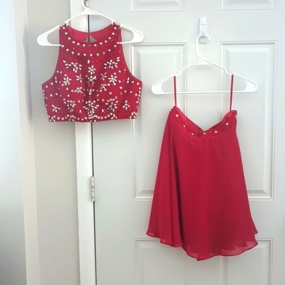 Two piece formal prom bejeweled rhinestone red dress - Picture 2 of 13